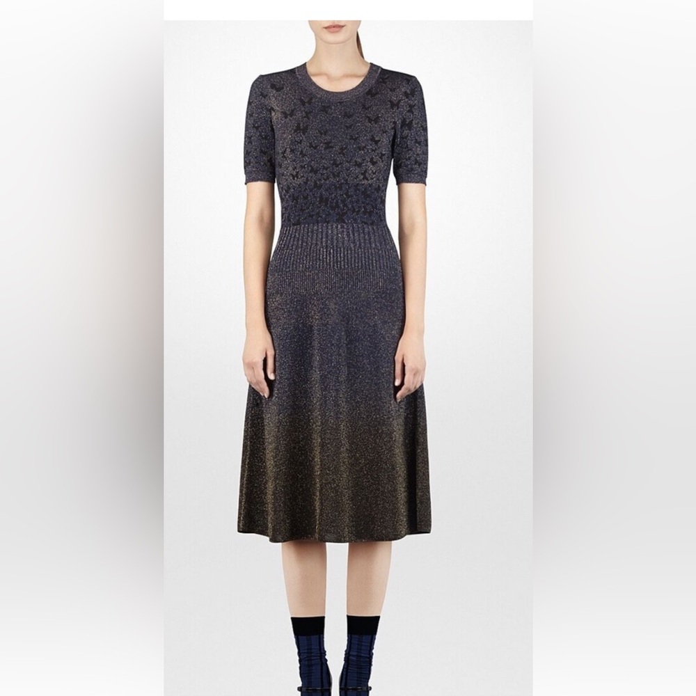 Bottega Veneta Blue end black butterfly Midi Dress with Crew Neck
